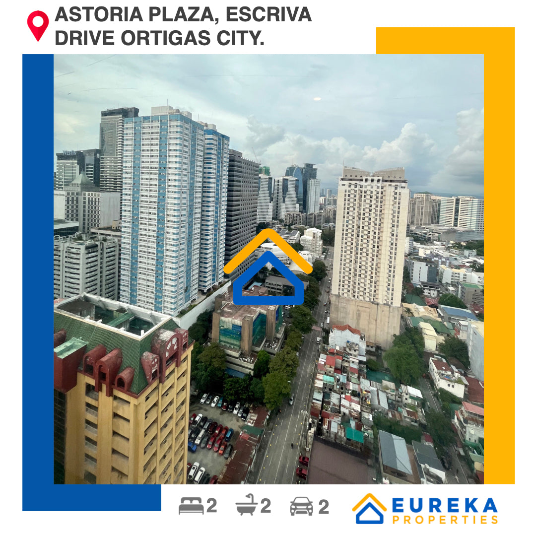 Fully furnished 116 sqm 2BR corner unit at Astoria Plaza Ortigas with 2 parking slots.