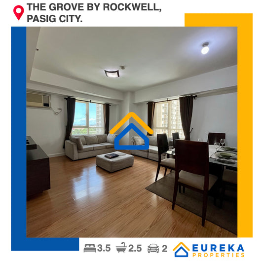 Fully furnished 111 sqm 3BR unit at Grove by Rockwell with tandem parking slots.