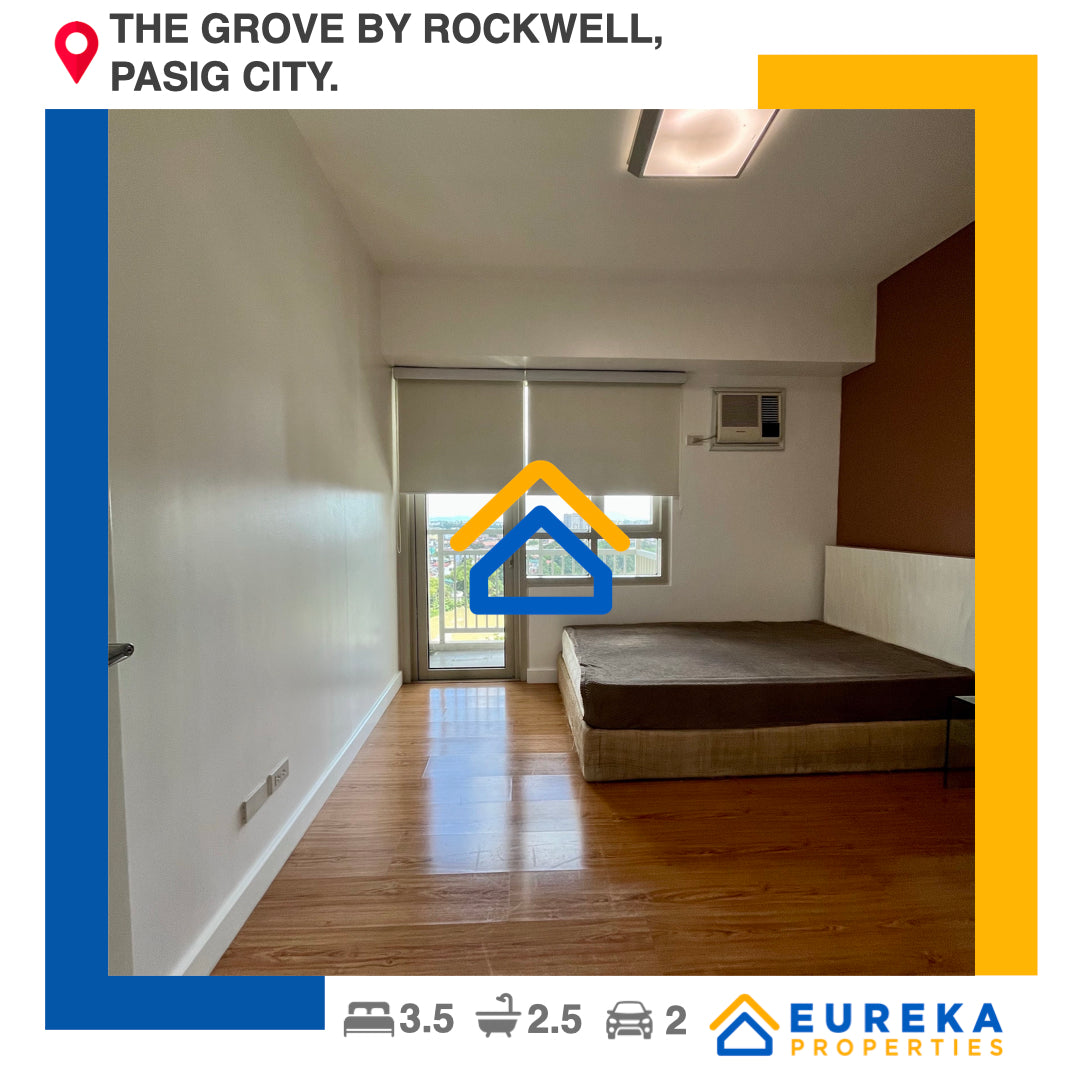 Fully furnished 111 sqm 3BR unit at Grove by Rockwell with tandem parking slots.